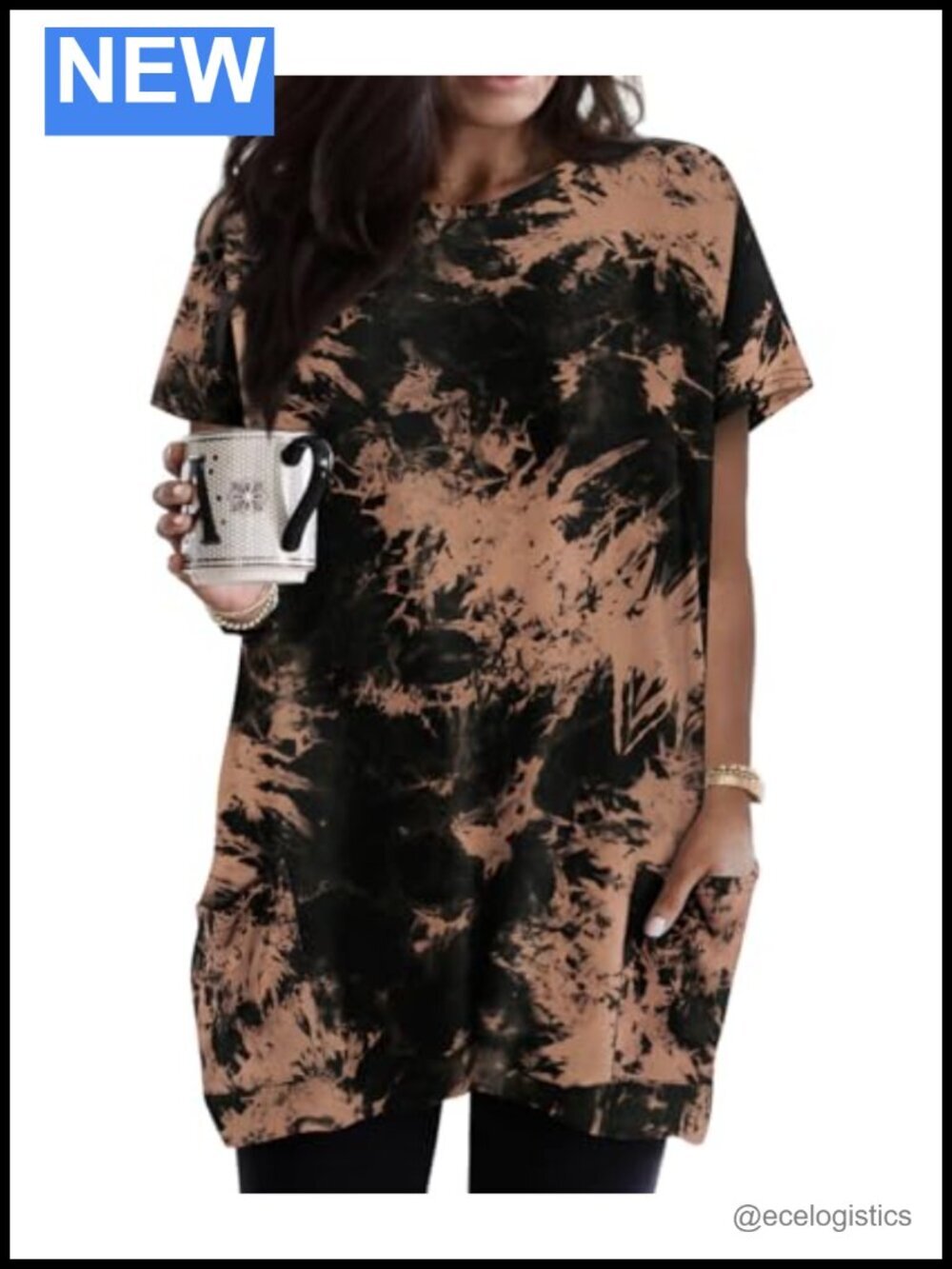 Plus Size Long Tunic Top Short Sleeve with Pockets for Leggings
